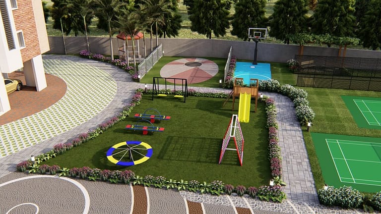 RRL Nature woods - outdoor kids playground, football court and tennis court view.