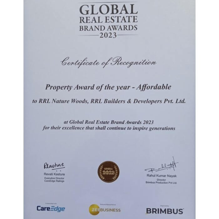 The Global Real Estate Brand Awards, 2023 - Certificate of Recognition in the Affordable category - presented to RRL Nature Woods.