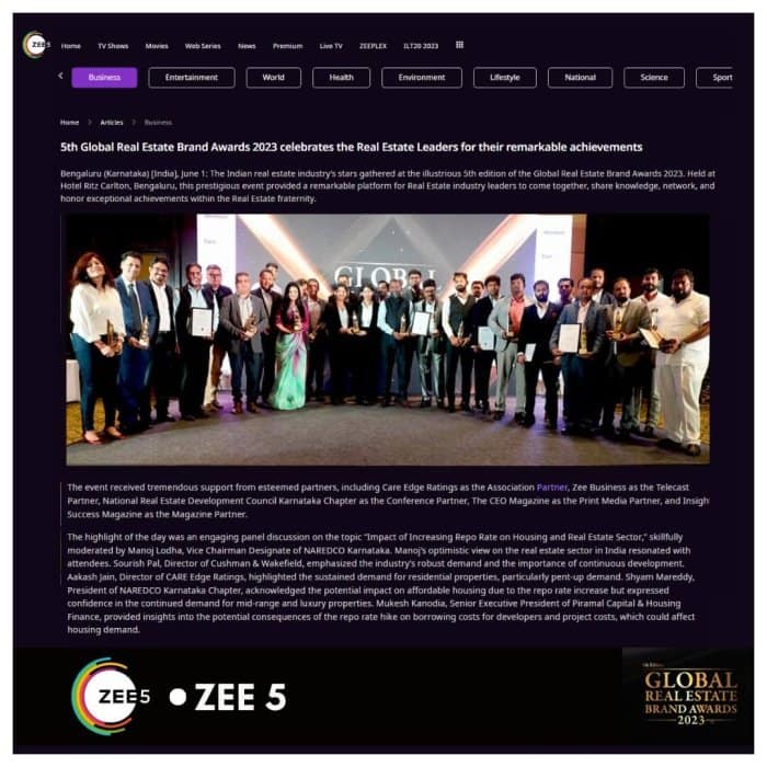 Zee5 coverage on 5th global real estate brand awards, 2023.